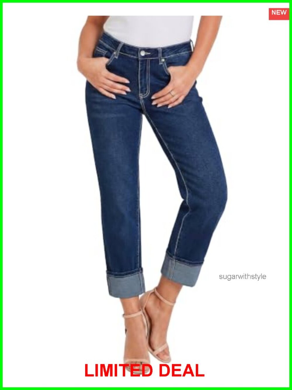 High Waisted Straight Leg Capri Jeans Distressed Cuffed Denim